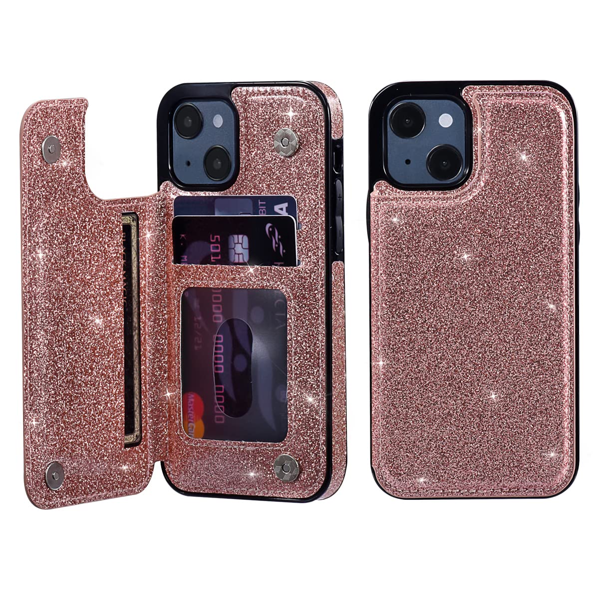 UEEBAI Case for iPhone 13 6.1 inch, Premium Glitter PU Leather Case Back Wallet Cover [Two Magnetic Clasp] [Card Slots] Stand Function Durable Shockproof Soft TPU Case - Rose Gold#2 — image 1