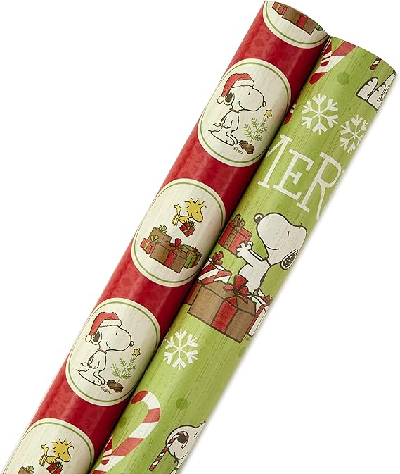 Hallmark Peanuts Holiday Wrapping Paper Bundle with Cut Lines on