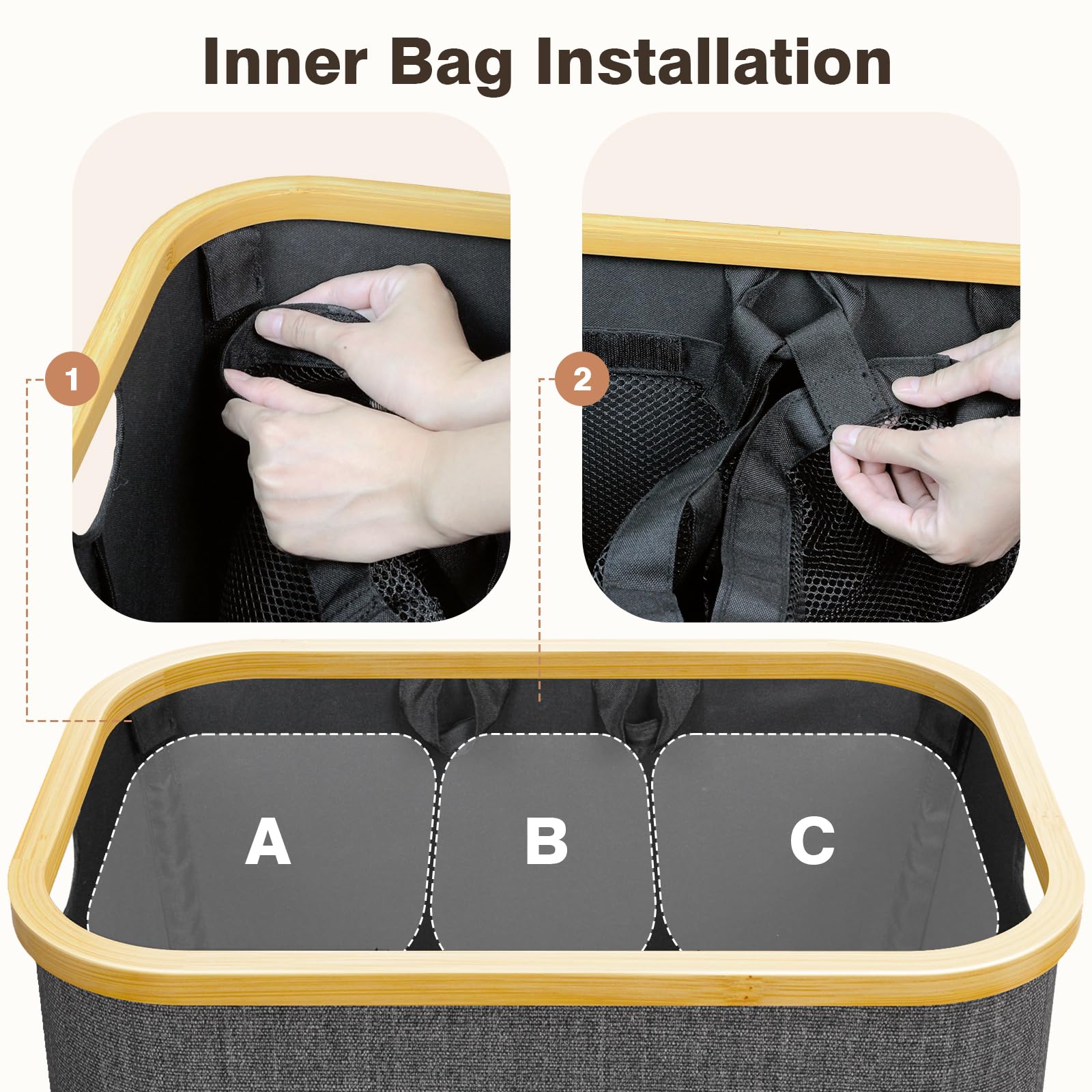 Laundry Hamper with Lid, 145L Extra Large Hamper 3 Section Dirty Clothes Hampers for Divided Basket Organizer for Bedroom, Laundry Room, Grey