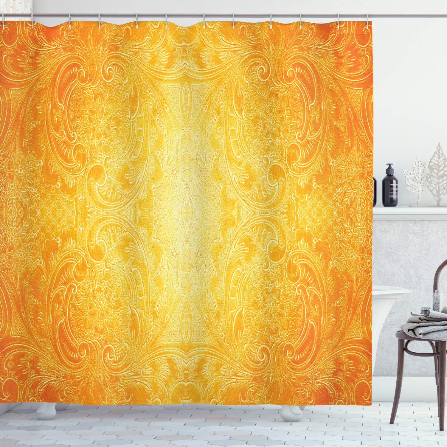 ABAKUHAUS Yellow Shower Curtain, Victorian Style Antique Pattern with Ornamental Flourish Vintage Design Illustration, Cloth Fabric Bathroom Decor Set with Hooks, 78 Inches, Marigold