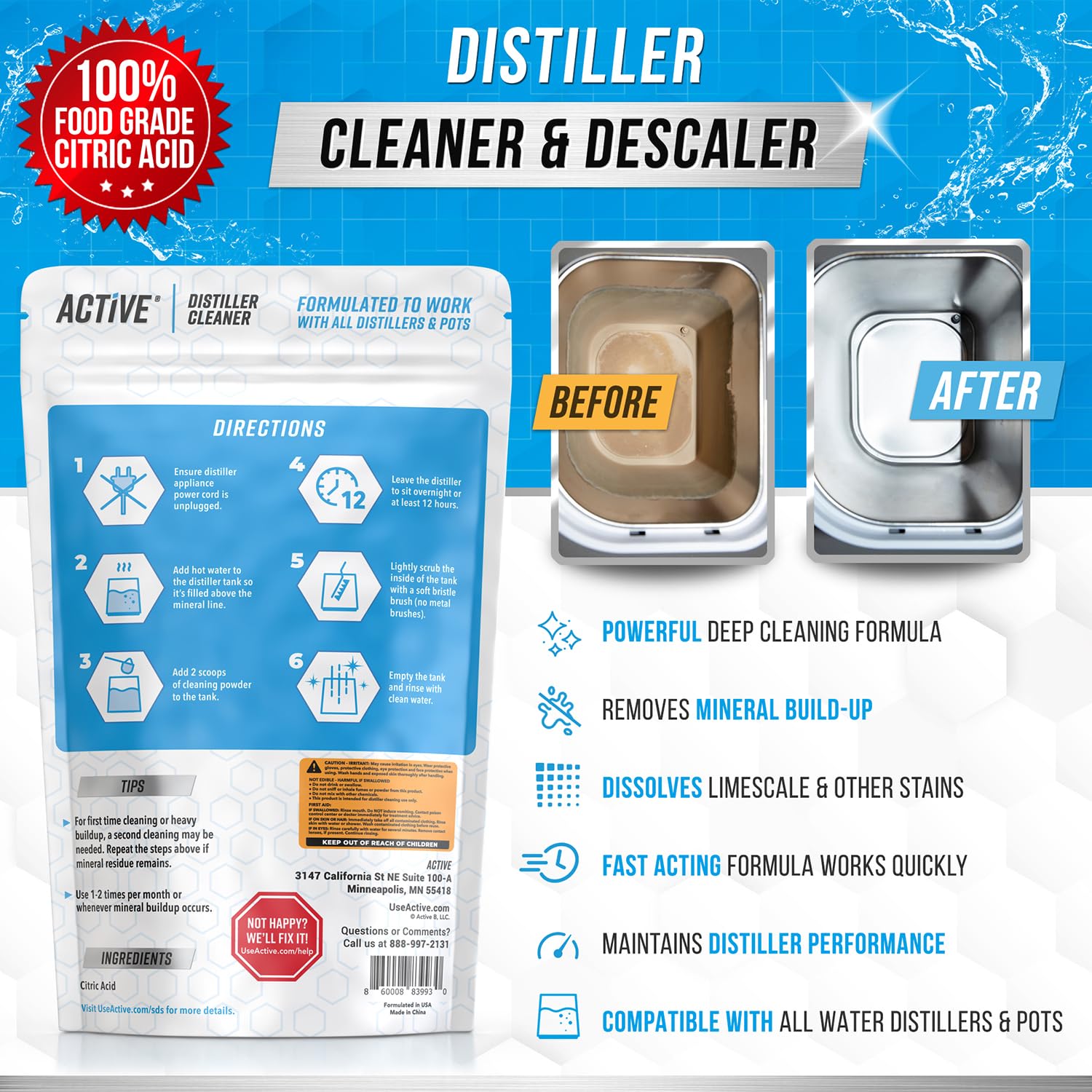 ACTIVE Distiller Descaler Citric Acid Cleaner - 2 Lb Bulk for Cleaning Water Distillers, Pure Citrus Acid Crystals Universal Residue Descaling Portable Distiller, Kettle, Boiler, Dispenser