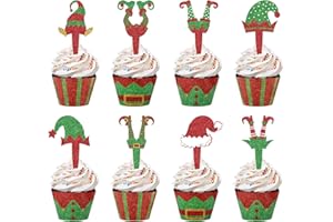 HXEZOC 48 Pack Christmas Elf Cupcake Toppers and Wrappers, Glitter Merry Christmas Santa Hat Elf Legs Cake Decorations for Xmas Holiday Party Birthday Party Supplies