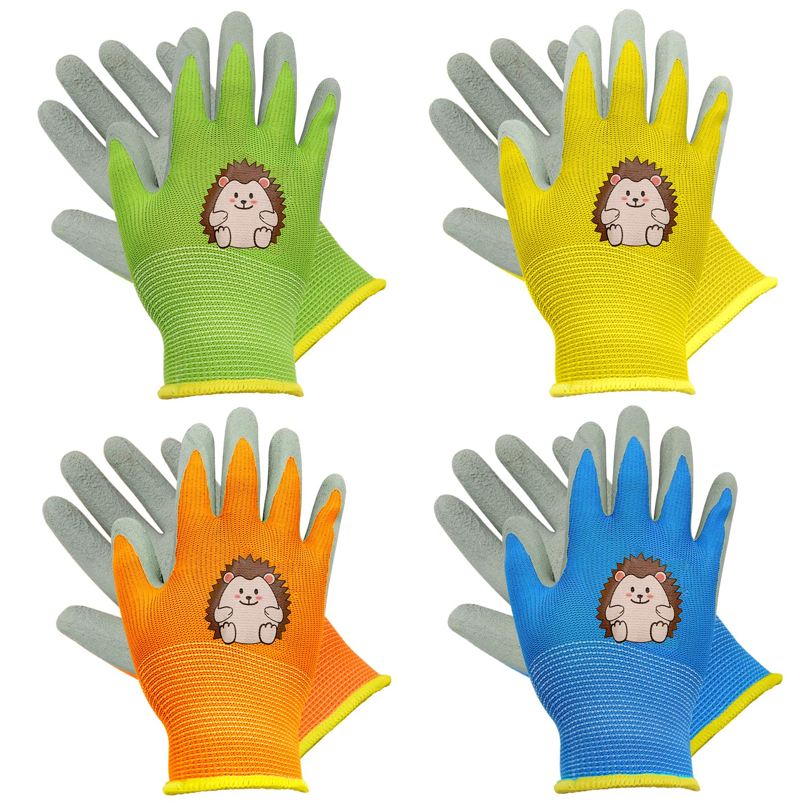 VEGCOO 4 Pairs Kids Gardening Gloves, Thickened Childrens Gardening Gloves Patterns Wear-resistant Non-slip for Boys Girls Camping, Gardening, Small Pet Raising (Hedgehog, S, 3-5 years old)
