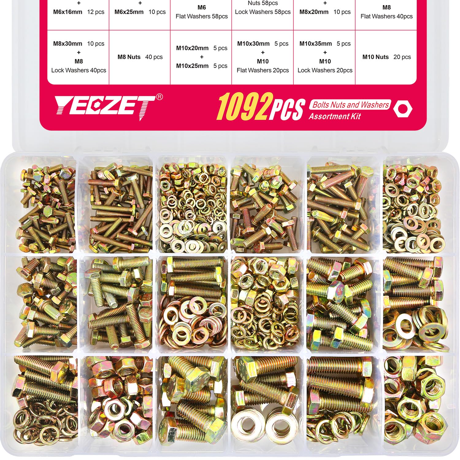 YEEZET 1092pcs M4 M5 M6 M8 M10 Metric Bolts and Nuts Kit, Grade 8.8 Heavy Duty Bolt Assortment Set, 21 Most Common Sizes