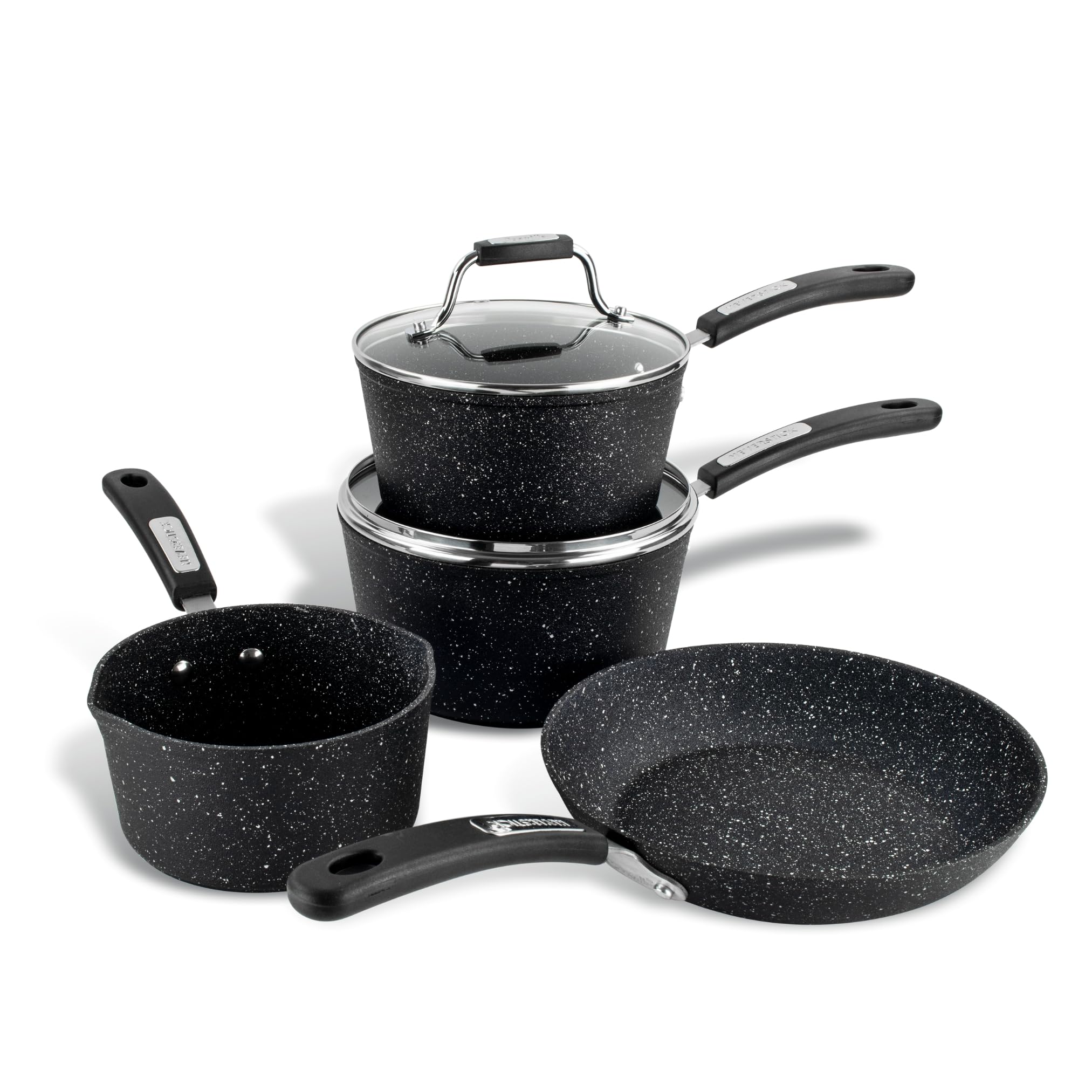 Scoville NEVERSTICK 4+1 Piece Cookware Set, Non Stick Pots & Pans Set, 16cm Milk Pan, 18 & 20cm Saucepans, 24cm Frying Pan, Free 20cm Frying Pan, Suitable for All Hobs, Aluminium, PFOA Free, Black