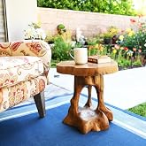 WELLAND Natural Teak Root End Table, Rustic Wood Side Table | Measures approximately 16" L &times; 17" W &times; 18" H with a handcrafted teak root base and solid wood tabletop
