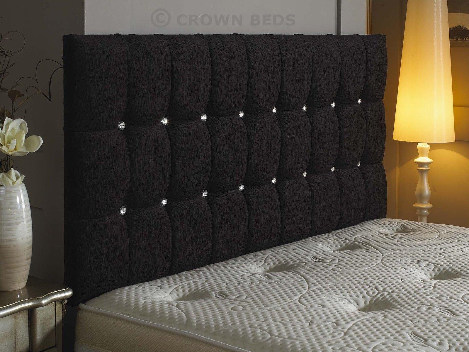 CROWNBEDSUK Omega diamante chenille headboard in 2ft6,3tf,4ft,4ft6,5ft,6ft (2FT6 SMALL SINGLE, Black)