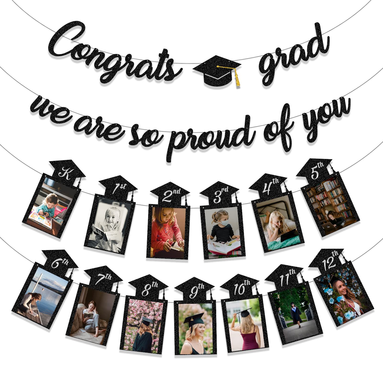 Tinbax Graduation Decorations Class of 2025 Party Supplies - Congrats Grad, We are So Proud of You Banner and K-12th Grade Graduation Photo Banner (Pre-Strung)