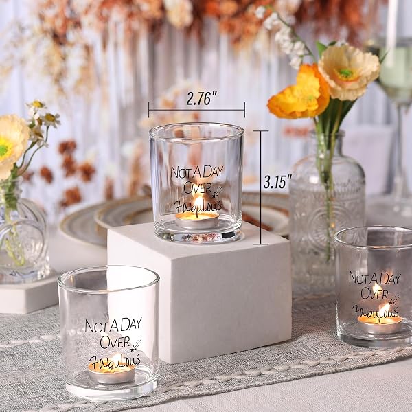 HAVITI 12PCS VOTIVE CANDLE HOLDERS BIRTHDAY GIFTS FOR WOMEN, NOT A DAY OVER FABULOUS GLASS TEA LIGHT HOLDER, CLEAR FLOATING TEALIGHT CANDLE HOLDER FUNNY FOR MOM SISTER FRIENDS