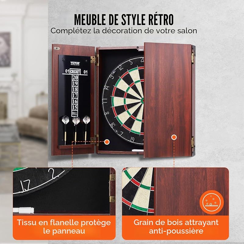Cible de Fléchettes et Armoire Prêt à Jouer, Armoire à Fléchettes de Taille Officielle, Jeu de Fléchettes à Pointe en Acier, Assemblage Facile, Accessoires Complets, pour Jeux de Cricket