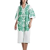 D-Sun Women Floral Embroidery Mid Dress Casual V-Neck 3/4 Sleeves Fall Winter Tunic Loose Zip Party Dress with Pocket