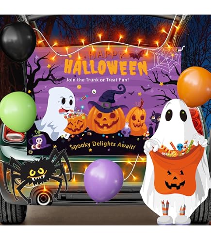 Halloween Trunk Or Treat Car Decorations Kit - Spider Theme Banner, Honeycomb Balls & Tassels For SUV, Truck, Garage