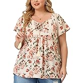Agnes Orinda Plus Size Blouses for Women Round Neck Short Sleeve Boho Tops Shirts Floral Print Blouse