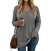 Oakgarden Women's Waffle Long Sleeve Tops, Oversized V Neck Knit Shirts Casual Fall Pullover Sweaters Loose Fit Tunic Tshirts