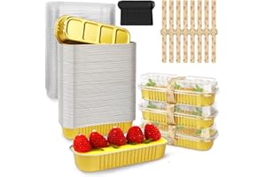 MOOMANGOO Mini Cake Pans with Lids,6.8 Oz Mini Loaf Pans with Lids Aluminum Foil Mini Loaf Baking Pans 50pcs Disposable Bread Pan Aluminum Foil Long Baking Cupcake Liners for Cake Bakery Wedding Birthday Party