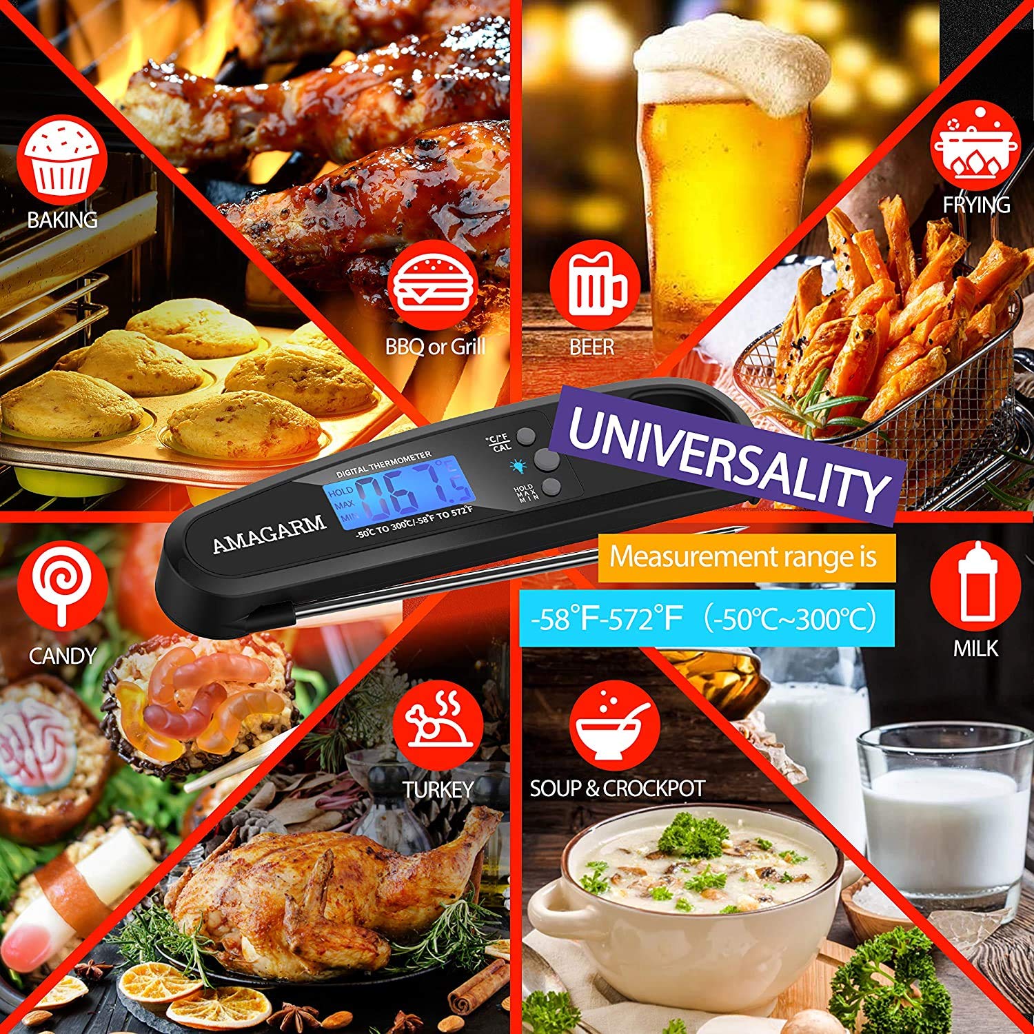 [Latest 2020] AMAGARM Meat Food Thermometer for Grill and Cooking, 2S Best Ultra Fast Instant Read Waterproof Digital Kitchen Thermometer Probe for Grilling, BBQ, Baking, Candy, Liquids, Oil: Industrial & Scientific