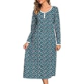 IZZY + TOBY Women's Long Sleeve Nightgown Full Length Sleepwear Long Sleepshirts Henley Sleep Dress M-3XL