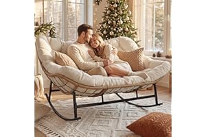 RADIATA Double Egg Rocking Chair for 2, Oversized Rattan Recliner Loveseat with Padded Cushion, 700 Lbs Heavy Duty Comfy Large Papasan Rocker for Reading Outdoor Patio Balcony Backyard Indoor, Beige