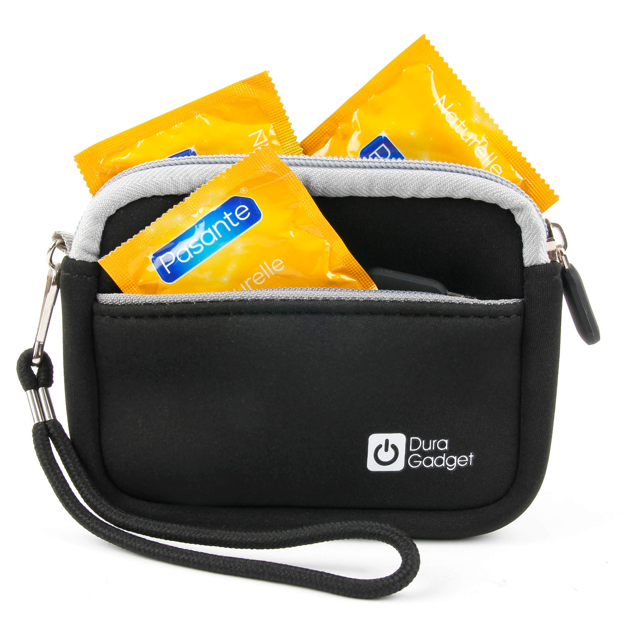 DURAGADGET Discreet Black Neoprene Case with Wrist Strap & Storage Pocket - Ideal for Condom Carrying/Storage