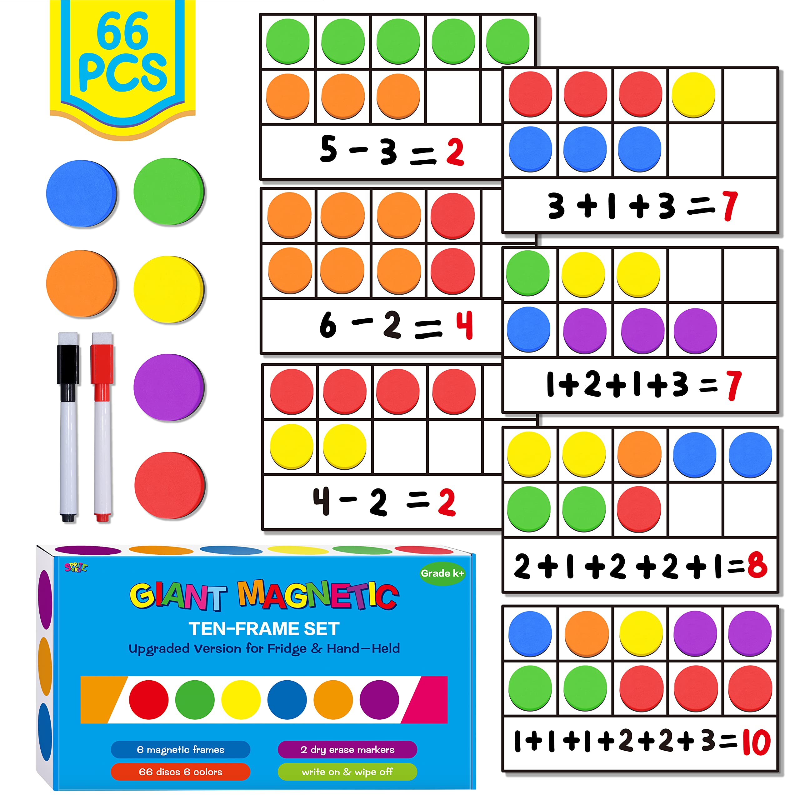 Magnetic Ten-Frame Set,6 Frames(with Blank Writing Space) and 66 Colorful Discs with 2 Markers (Upgraded Version for Fridge & Hand-held) — image 1