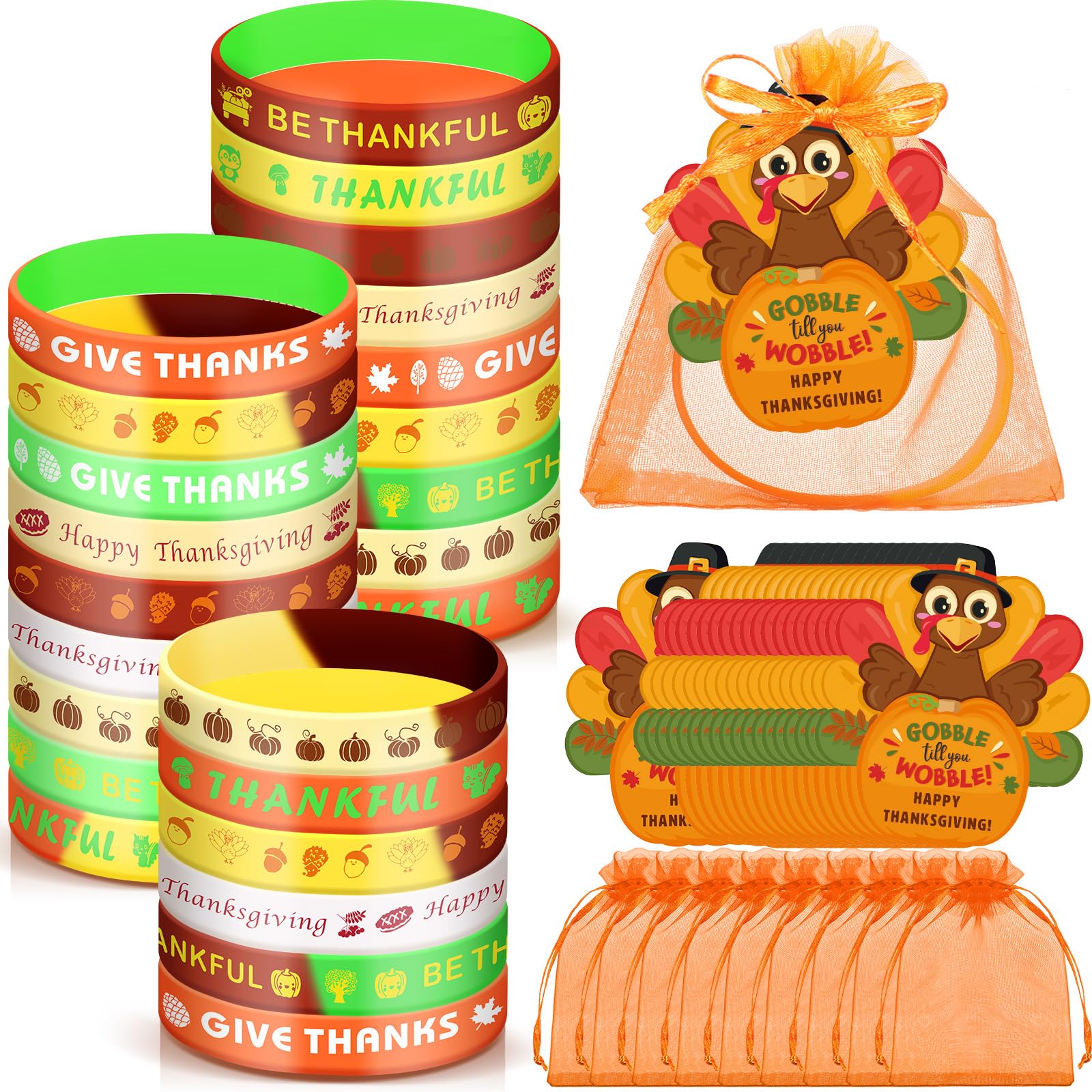 Photo 1 of  Thanksgiving Fall Party Favors for Kids 24 Set Turkey Silicone Wristbands with Gift Tags and Organza Bags Thanksgiving Friendsgiving Goodie Bags for Classroom Students(Maple Leaf Style)