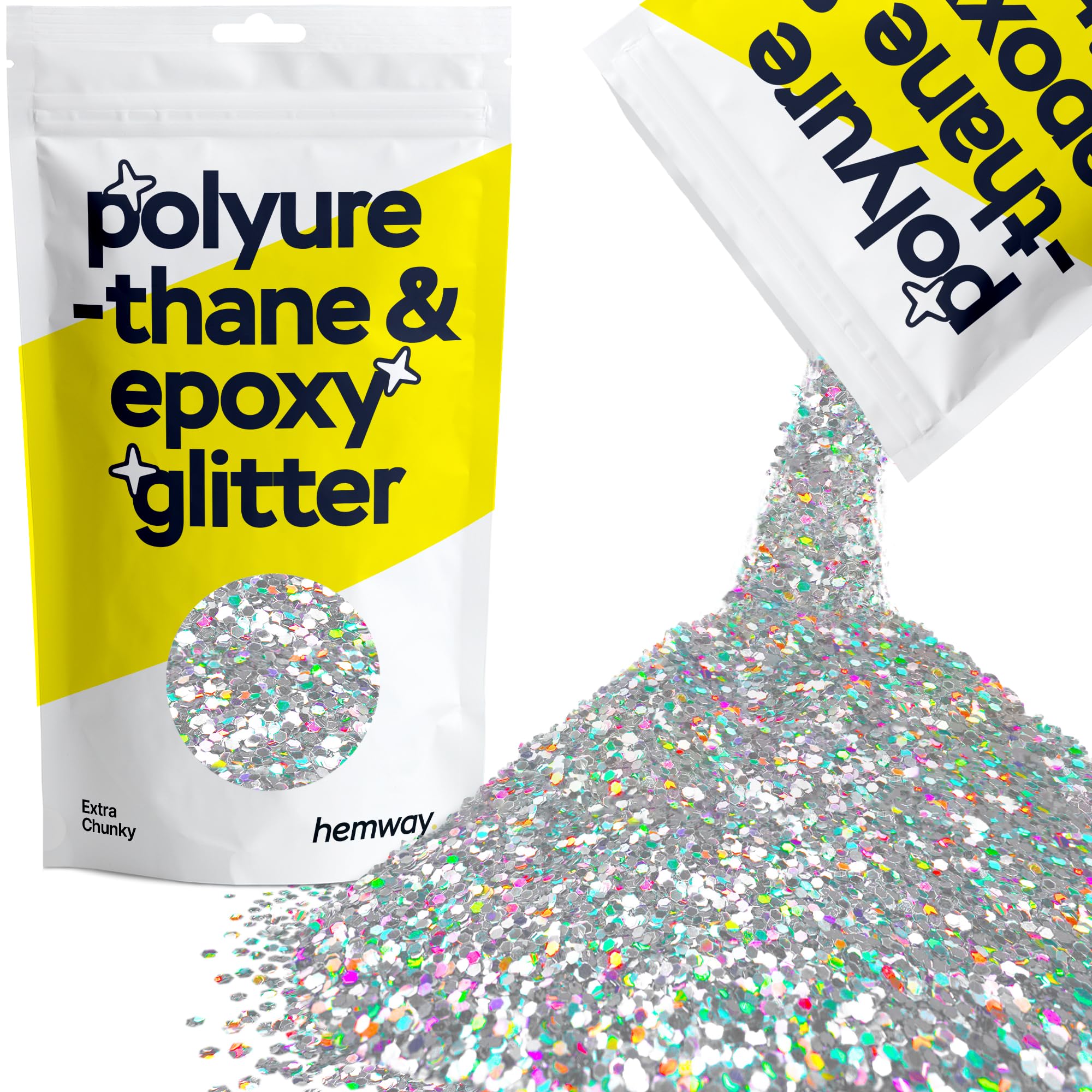 Hemway Resin Glitter Silver Holographic 100g Extra Chunky | Polyurethane & Epoxy Glitter for Resin Crafts, Tumblers, Coasters, Floor & Table Art