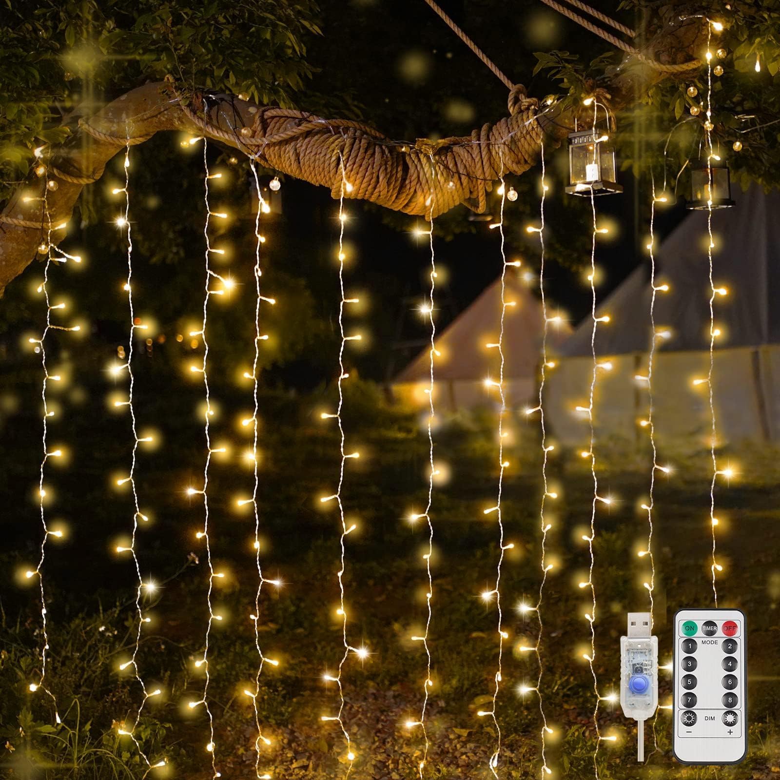 Photo 1 of suddus Curtain Lights for Bedroom, 200 Led Hanging String Light Outdoor, Fairy Curtain Lights Indoor for Christmas, Dorm, Wall, Backdrop, Window, Wedding, Party, Birthday Decor, Warm White