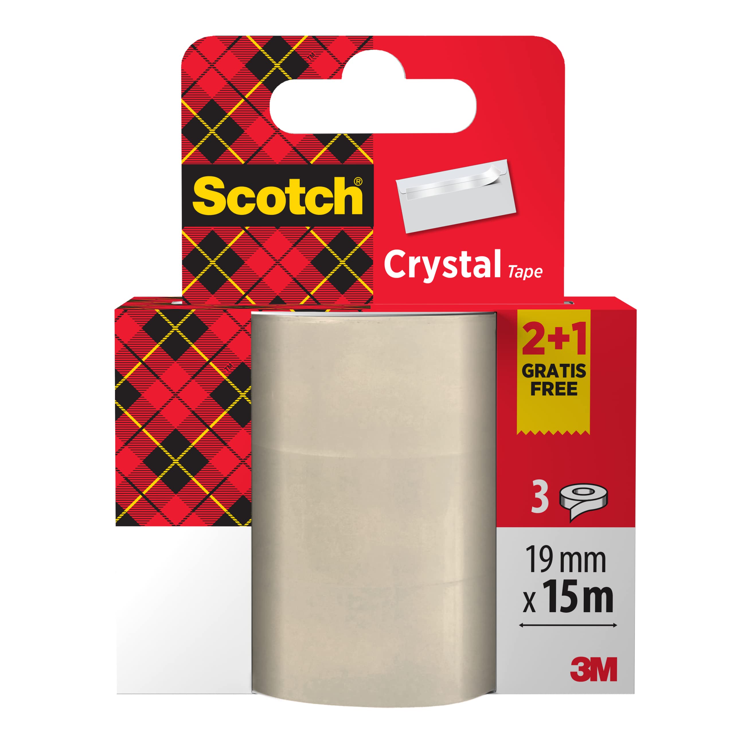 Scotch Crystal Clear Tape, Promo Pack of 2 Rolls + 1 FREE, 19 mm x 15 m - Provides a Strong and Permanent Bond