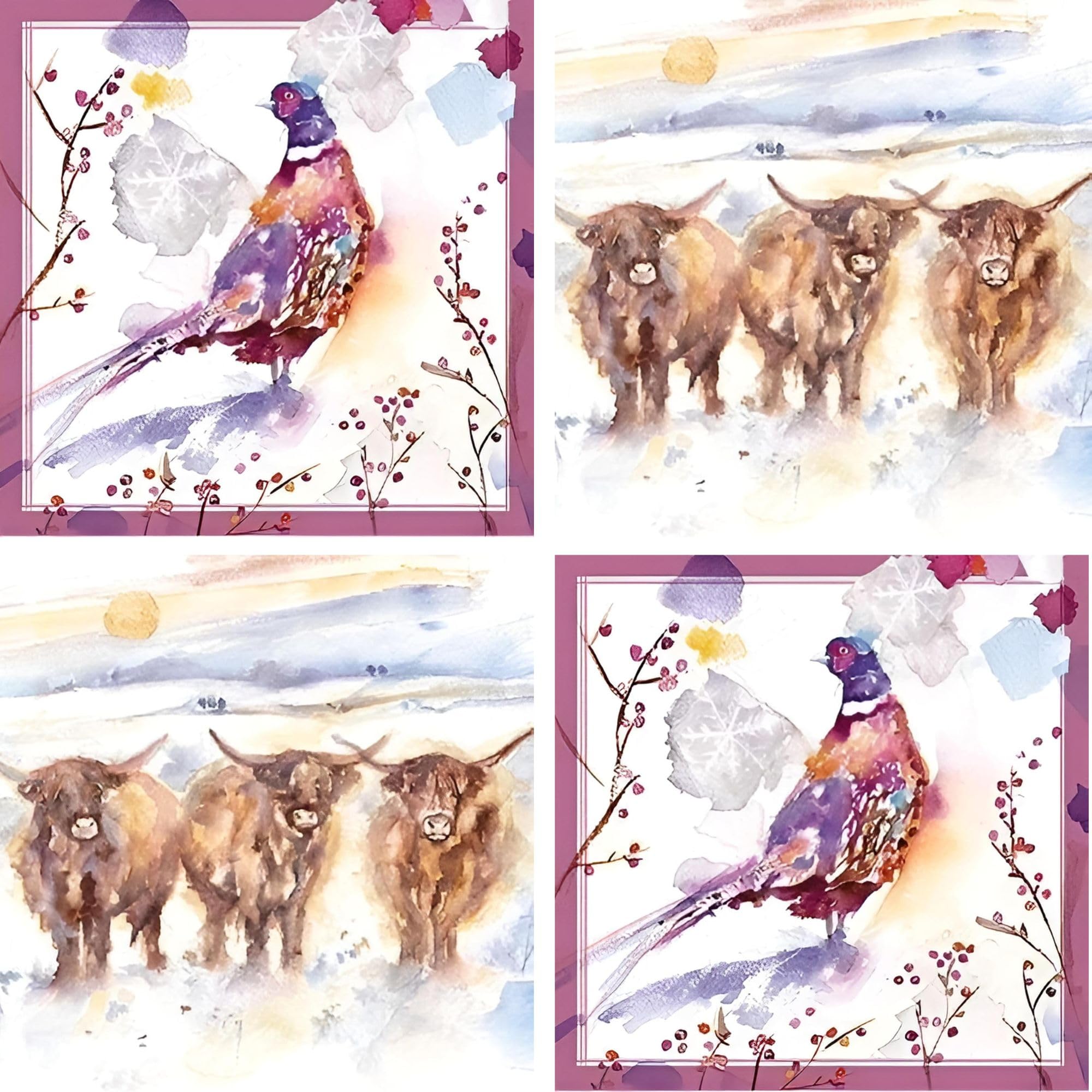 Stroke Association Charity Christmas Cards Box of 20 - Pheasant and Highland Cows - Artistic Festive Design - 10 Each of 2 Designs - Eco-Friendly
