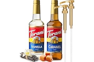 Coffee Syrup Variety Pack - Vanilla and Caramel Syrup for Coffee with 2 Little Squirt Syrup Pump Dispenser Compatible with 25.4 Ounces Syrup Bottle for Vanilla and Caramel Flavored Coffee