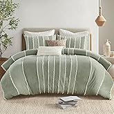 Ink+Ivy Queen Duvet Cover Set Boho Duvet Covers Stripes, Clipped Jacquard, Cotton Duvet Cover for Queen Size Bed, All Season Lightweight Queen Bedding Cover & Shams, Shay, Full/Queen, Sage 3 Piece