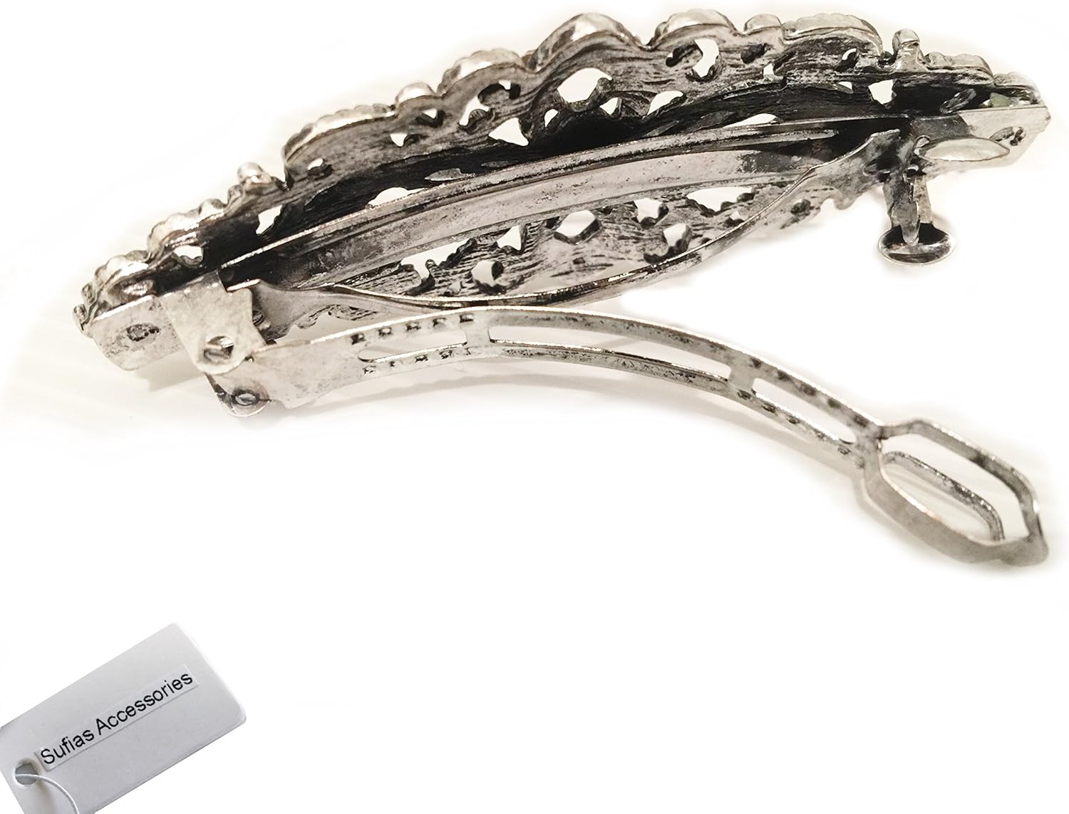 Large Antique Filigree Silver Flower Crystal Barrette Bridal Hair Clip Diamante, White, 9cm, White,Silver - Image 5