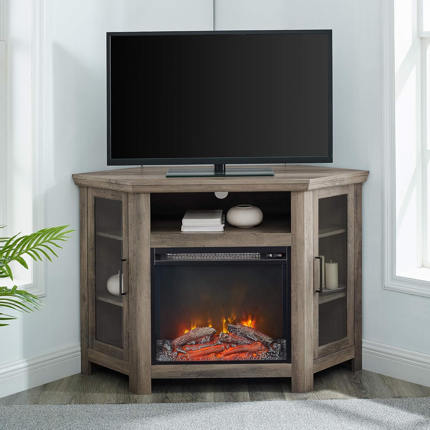 Walker Edison Alcott Classic Glass Door Fireplace Corner TV Stand for TVs up to 55 Inches, 48 Inch, Grey Wash: Furniture & Decor