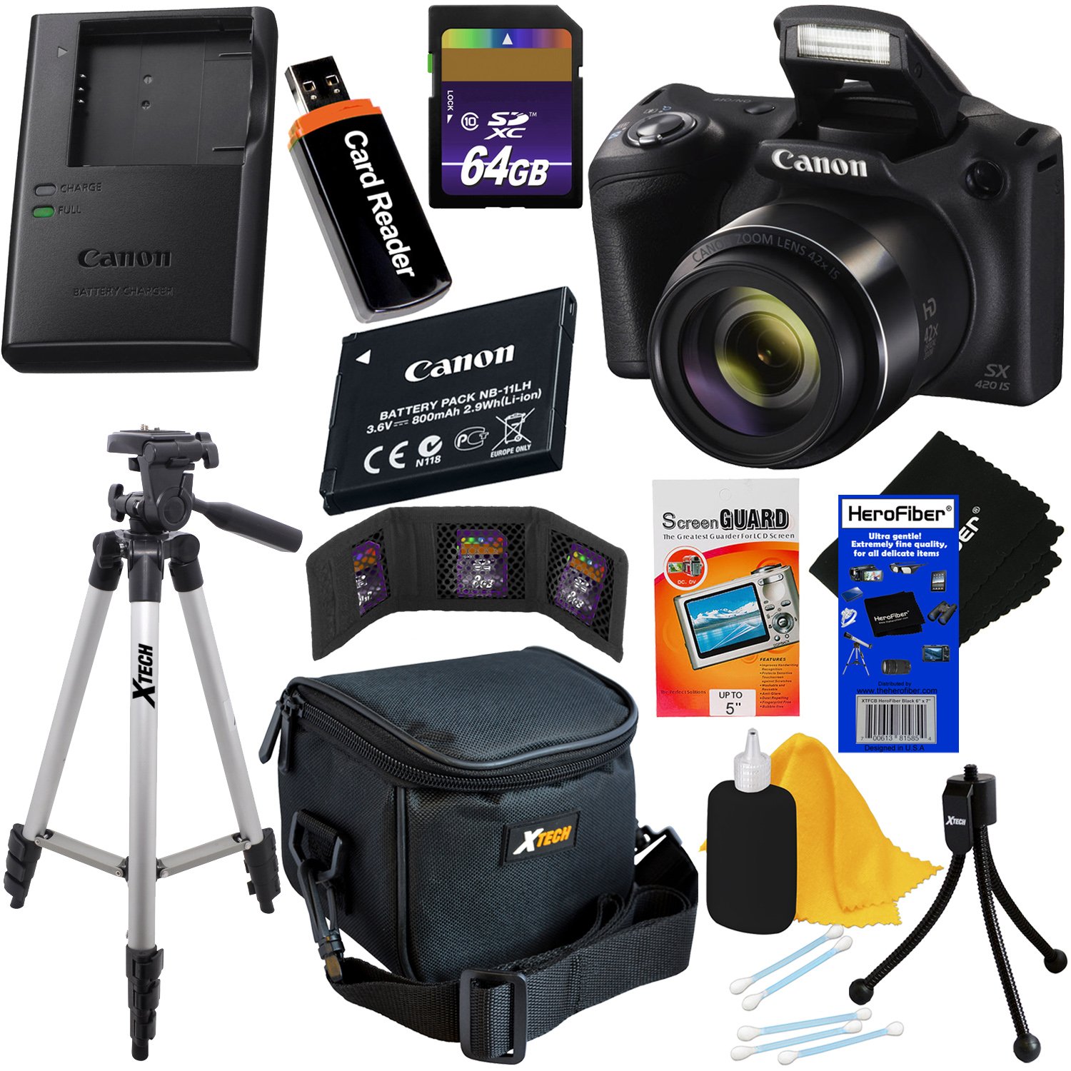 Canon Powershot SX420 is 20 MP Wi-Fi Digital Camera with 42x Zoom (Black) Includes: Canon NB-11LH Battery &amp; Canon Charger + 9pc 64GB Deluxe Accessory Kit w/HeroFiber Cloth