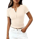 PRETTYGARDEN Womens Summer Short Sleeve Tops 2026 Spring Basic Tees V Neck Button Up Henley T Shirts Fitted Ribbed Blouses