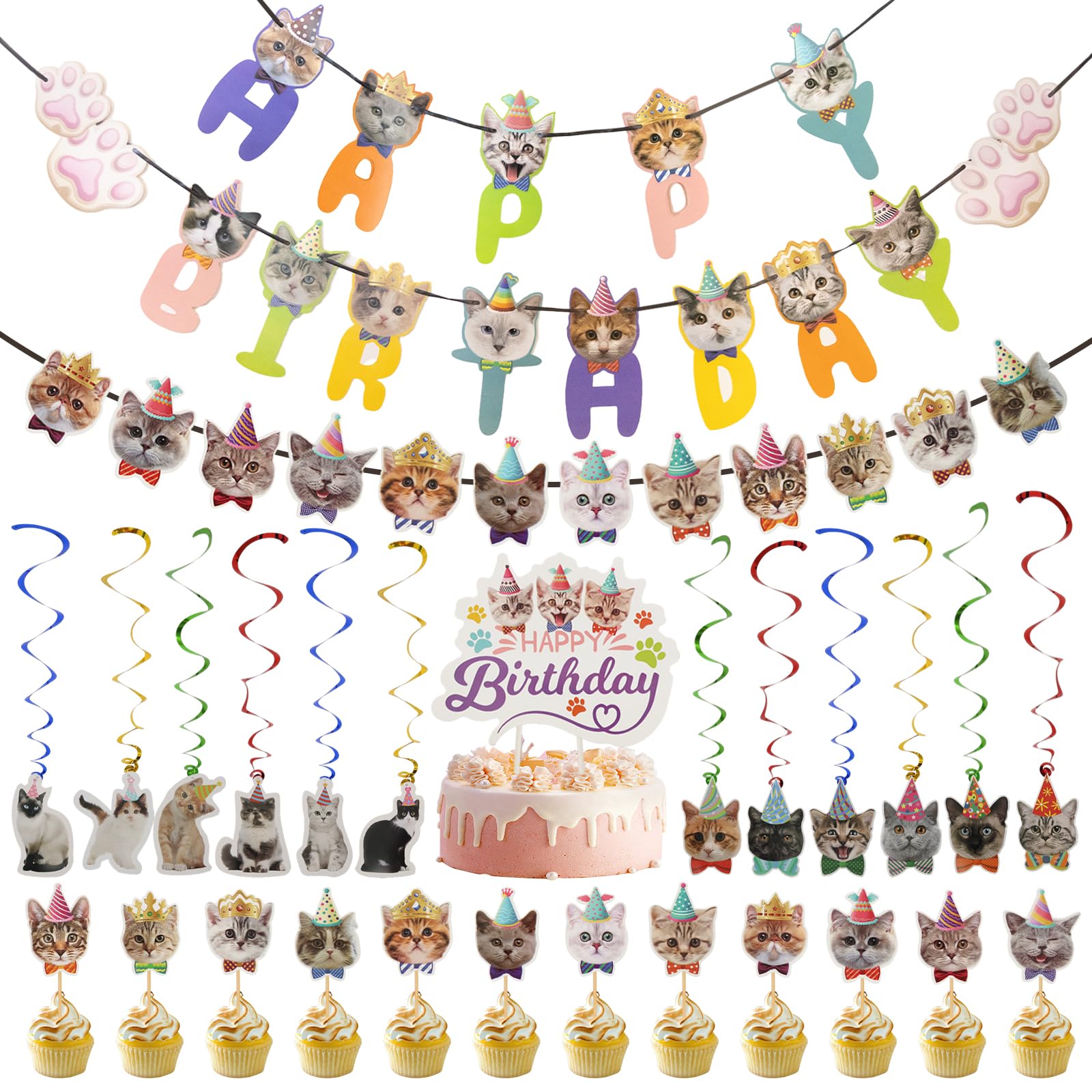 Photo 1 of Cat Face Hanging Swirls Decorations 27 Cat Birthday Decorations Banners for Cats Lovers, Children's Pet-Themed Birthday Parties, Pet Adoption Party Supplies, Cupcake Decoration