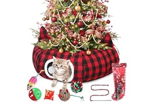 Dansydaisy Cat Tunnel Christmas Tree Skirt, Plaid Buffalo Cat Tunnel Bed with Toys, Hanging Pom Ball Plush Washable Cushion and Dangling Balls 3FT Peekaboo Playground for Small Rabbit Xmas Decor