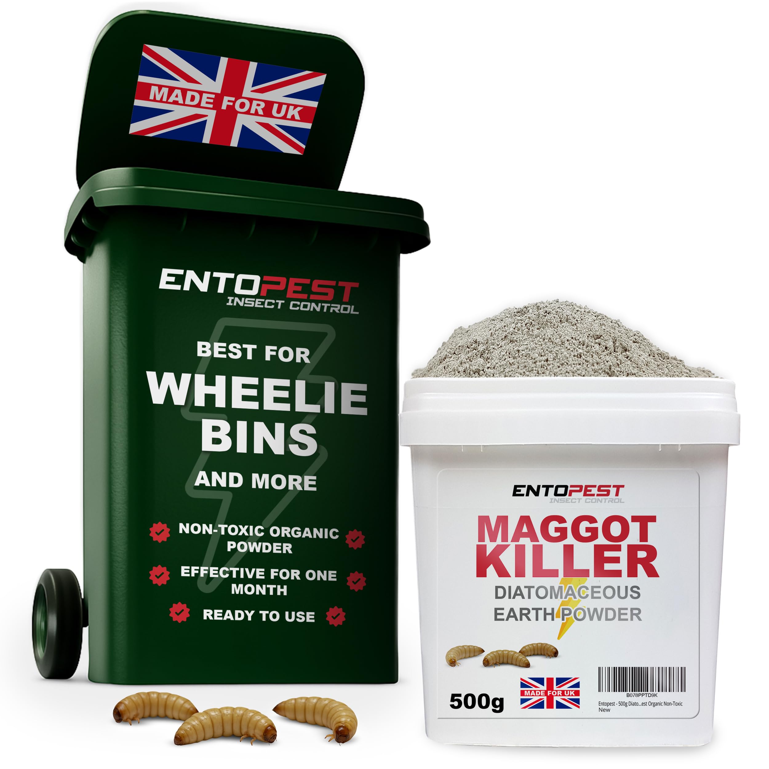 ENTOPEST 500g Maggot Killer for Bins – Non-Toxic Diatomaceous Earth Powder – Kills Maggots, Fly Eggs, Larvae on Contact | Complete solution for Bins