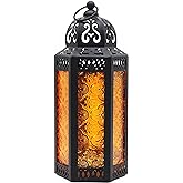 CVHOMEDECO. Decorative Candle Lantern Moroccan Lanterns Vintage Black Metal Lantern Holder for Home Patio Outdoor Decor. Amber Glass, Medium