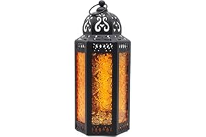 CVHOMEDECO. Decorative Candle Lantern Moroccan Lanterns Vintage Black Metal Lantern Holder for Home Patio Outdoor Decor. Ambe
