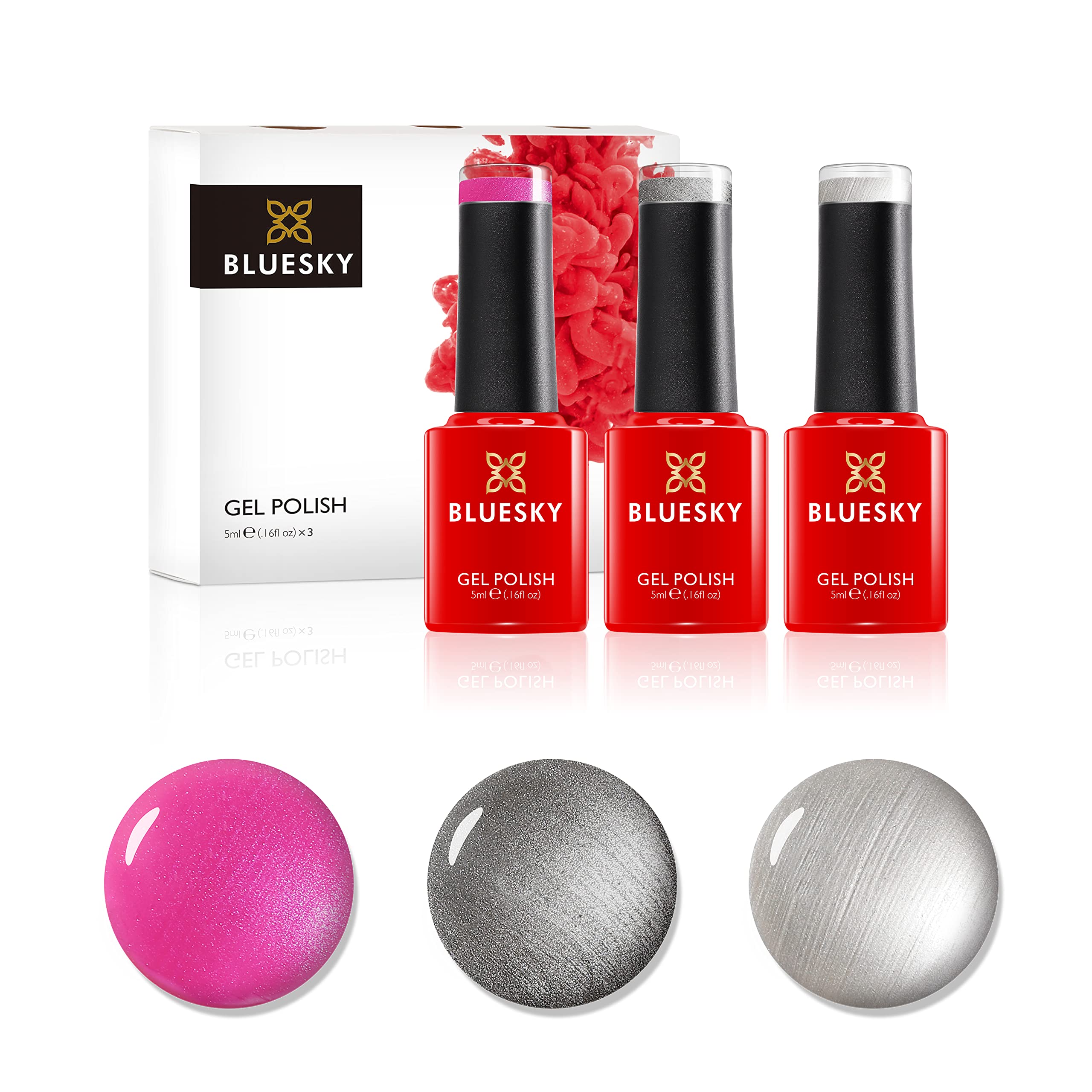 Bluesky Gel Nail Polishes, Chrome Shock, Silver Chrome 80532, Titanium A032, Future Fuchsia 80614, 3 x 5ml, Silver, Grey, Pink (Requires Curing Under UV/LED Lamp)