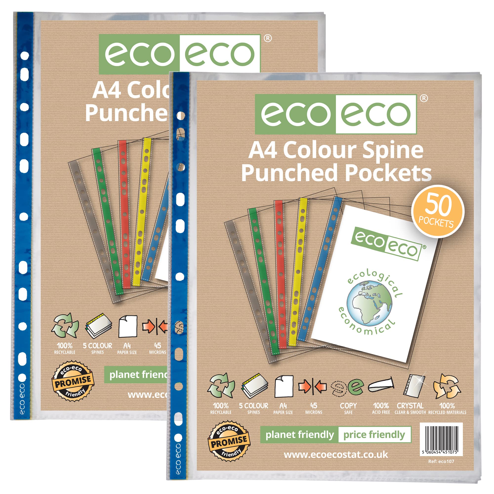 eco-eco A4 100% Recycled Coloured Spine Multi Punched Pockets Glass Clear, Transparent Poly Wallet Sheet Protector, 45 Microns, 100 pcs (2X 50 Pockets), eco107x2