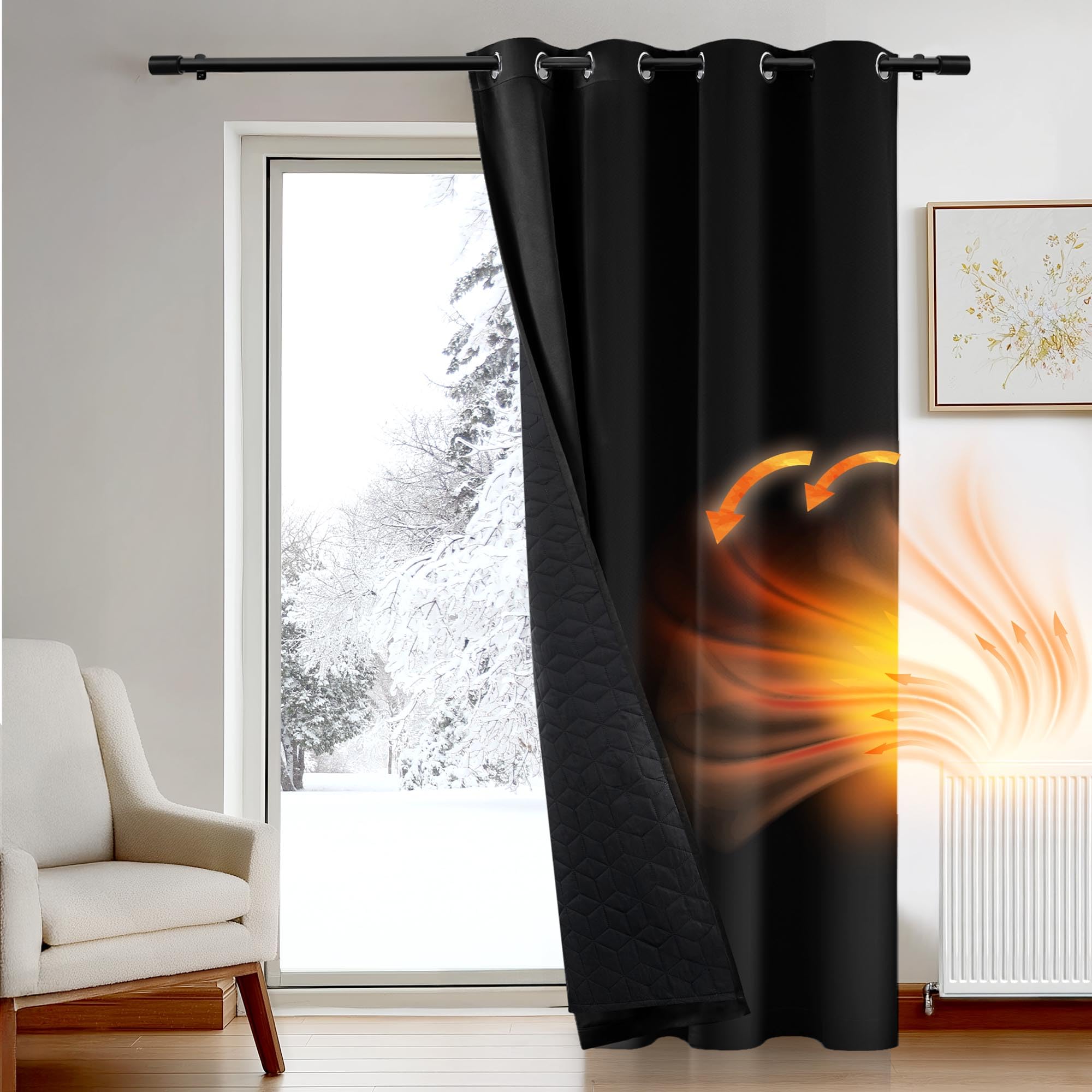 Deconovo Thermal Door Curtains for Winter, Window Panel with Thick Microfiber Lining, Draught Reduction Eyelet Blackout Curtain for Bedroom, 52 x 90 Inch (W x H), Black, 1 Piece
