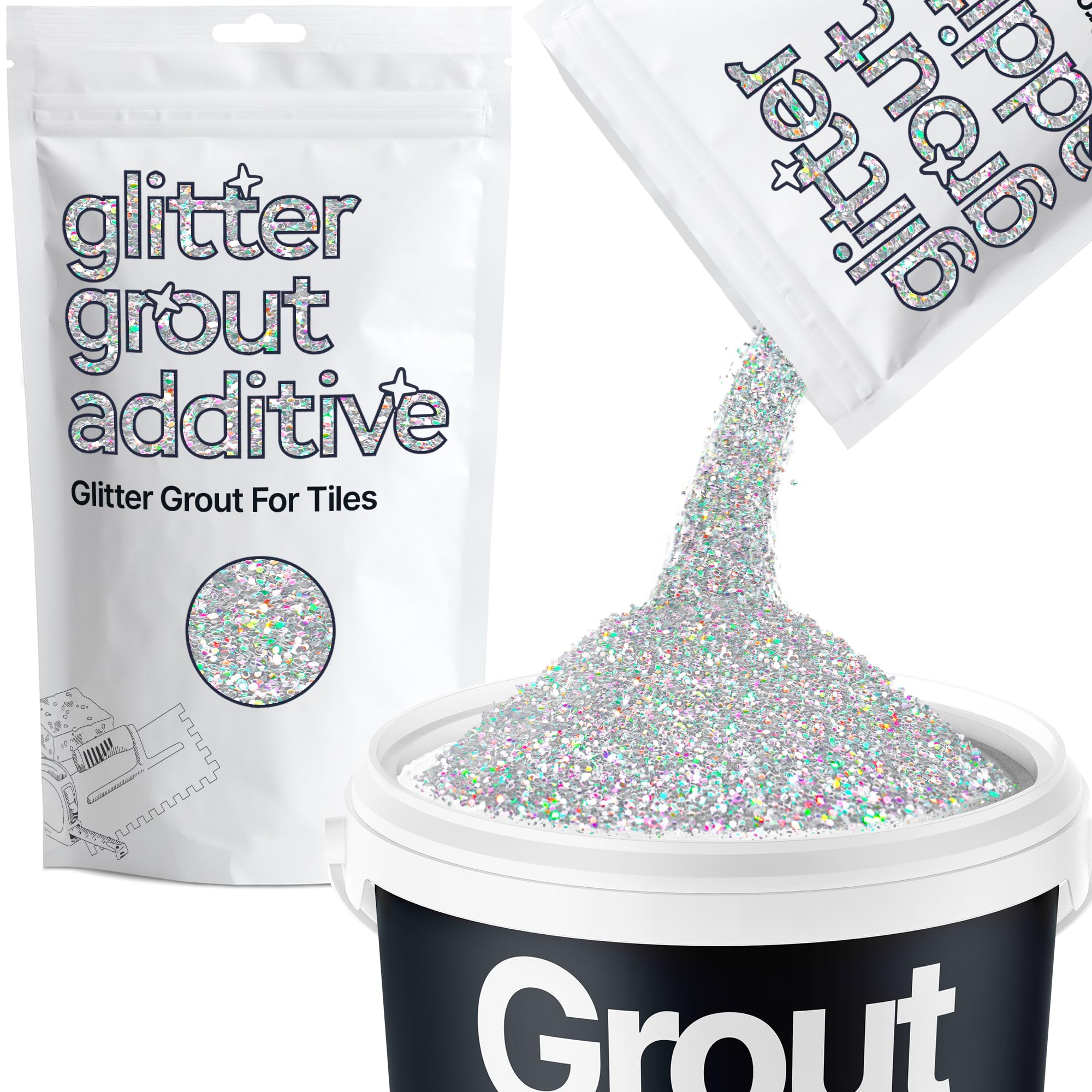 Hemway Silver Holographic Glitter Grout Additive 100g Metallic Flakes for Adding Sparkle to Kitchen & Bathroom Tiles | Enhance Your Indoor Grouting Projects with a Durable Sparkly Effect