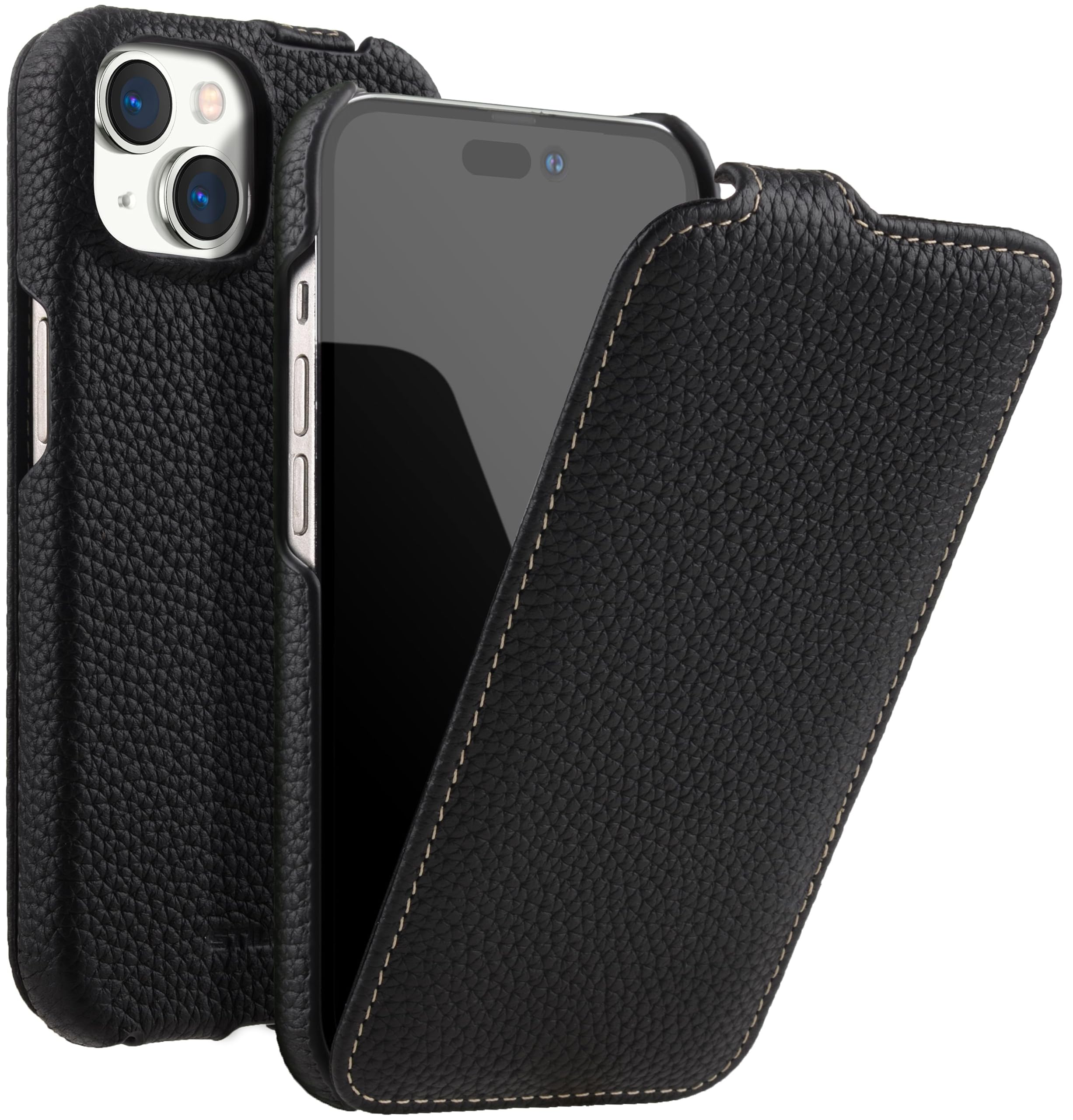 STILGUT UltraSlim Compatible with iPhone 15 Plus Case - Case Compatible with MagSafe Made of Leather, Flip Case, Mobile Phone Case, Leather Case - Black