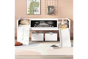 CITYLIGHT Low Loft Bed with Slide,Wood Twin Loft Bed for Kids,Loft Bed Twin with 2 Toy Boxes and Decorative Guardrail Chalkboard, Junior Loft Bed Frame for Girls Boys Toddler,White