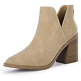 FISACE Womens Pointed Toe Stacked Mid Heel Ankle Boots V Cut Back Zipper Faux Leather Booties