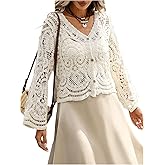 GORGLITTER Women's Boho Crochet Cropped Cardigan Lightweight Sheer Long Sleeve Button Up Spring Trendy 2026 Kimono Top