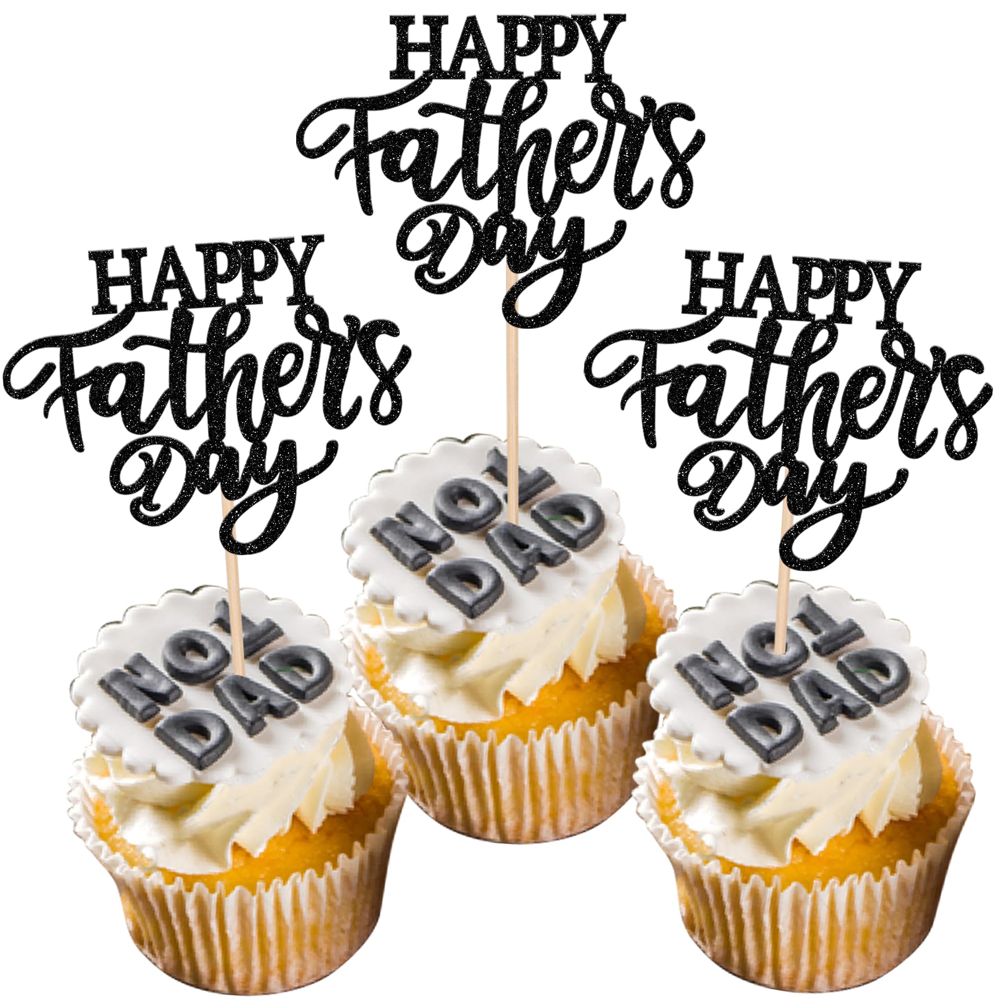 Xsstarmi 24 PCS Happy Father's Day Cupcake Toppers Glitter Love Daddy Best Father Super Dad Cupcake Picks for Happy Father's Day Dad Birthday Party Cake Decorations Supplies Black