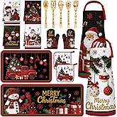 Bencailor 17 Pcs Christmas Kitchen Sets Snowman Kitchen Rug and Mat Xmas Mitts and Pot Holders Santa Apron Jingle Bells Dish Towels Wooden Spoons for Christmas Holiday Decoration Housewarming Gifts